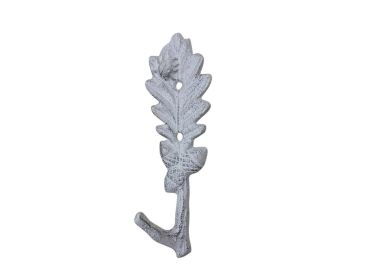Cast Iron Oak Tree Leaf with Acorns Decorative Metal Tree Branch Hook 6.5" (Finish: Whitewashed)