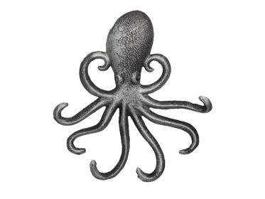 Cast Iron Wall Mounted Decorative Octopus Hooks 7" (Finish: Rustic Silver)