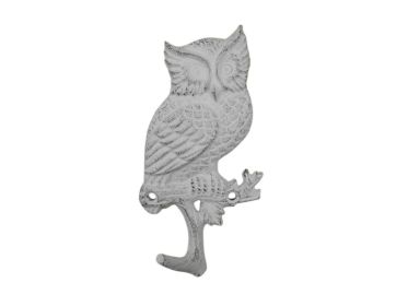Cast Iron Owl Sitting on a Tree Branch Decorative Metal Wall Hook 6.5" (Finish: Whitewashed)