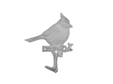 Cast Iron Robin Sitting on a Tree Branch Decorative Metal Wall Hook 6.5" (Finish: Whitewashed)