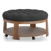 Wire-brushed Finish Natural Wood 1pc Ottoman Transitional Style Deep Button Linen Like Tufted Seat Open Bottom Shelf Living Room