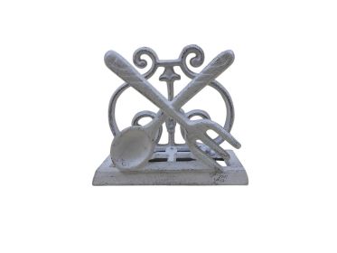 Cast Iron Fork and Spoon Kitchen Napkin Holder 5" (Finish: Whitewashed)