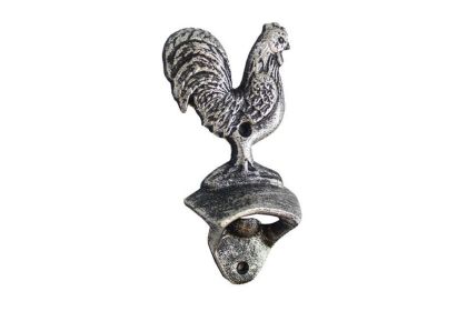 Cast Iron Rooster Bottle Opener 6" (Finish: Rustic Silver)