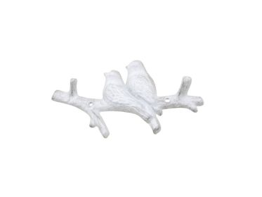 Cast Iron Birds on Branch Decorative Metal Wall Hooks 8" (Finish: Whitewashed)