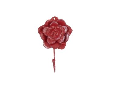 Cast Iron Decorative Rose Hook 7" (Finish: Red Whitewashed)