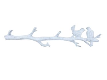 Cast Iron Love Birds on a Tree Branch Decorative Metal Wall Hooks 19" (Finish: Whitewashed)