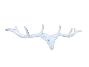 Cast Iron Large Deer Head Antlers Decorative Metal Wall Hooks 15" (Finish: Whitewashed)