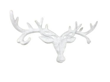 Cast Iron Deer Head Antlers Decorative Metal Wall Hooks 13" (Finish: Whitewashed)