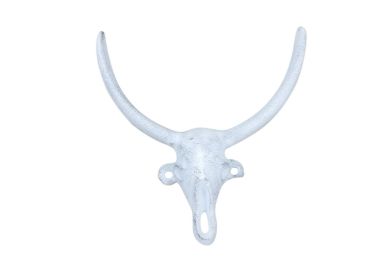 Cast Iron Bull Head Skull Decorative Metal Wall Hooks 6" (Finish: Whitewashed)