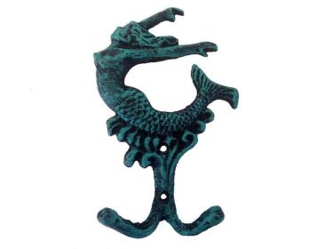 Cast Iron Mermaid Key Hook 6" (Finish: Seaworn Blue)