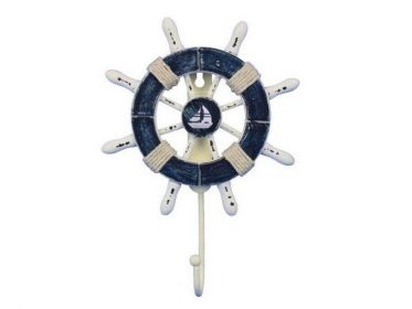 Decorative Ship Wheel with Sailboat and Hook (style: 8" Dark Blue & White)