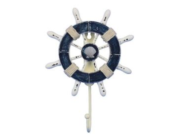 Decorative Ship Wheel with Seashell and Hook (style: 8" Dark Blue & White)