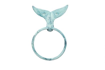 Cast Iron Decorative Whale Tail Towel Holder 7.5" (Finish: Dark Blue Whitewashed)