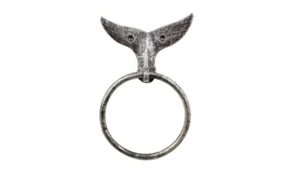 Cast Iron Decorative Whale Tail Towel Holder 7.5" (Finish: Rustic Silver)