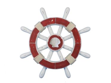 Decorative Ship Wheel with Seashell (style: 12" Red & White)