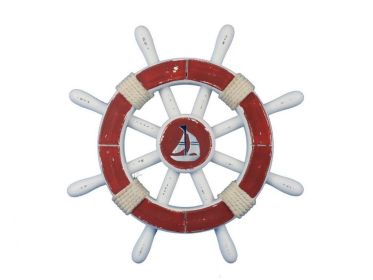 Decorative Ship Wheel with Sailboat (style: 12" Red & White)